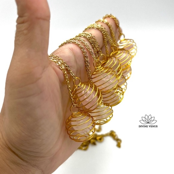 Rose Quartz Necklace | Gold Plated Stainless Steel Chain | Spiral Wired - Picture 7 of 11